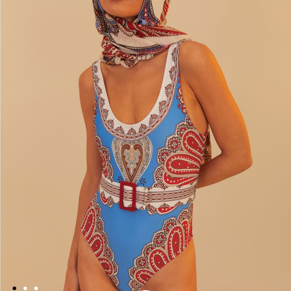 FARM Rio Jandaya Dance One Piece Red and Blue Swimsuit with Belt